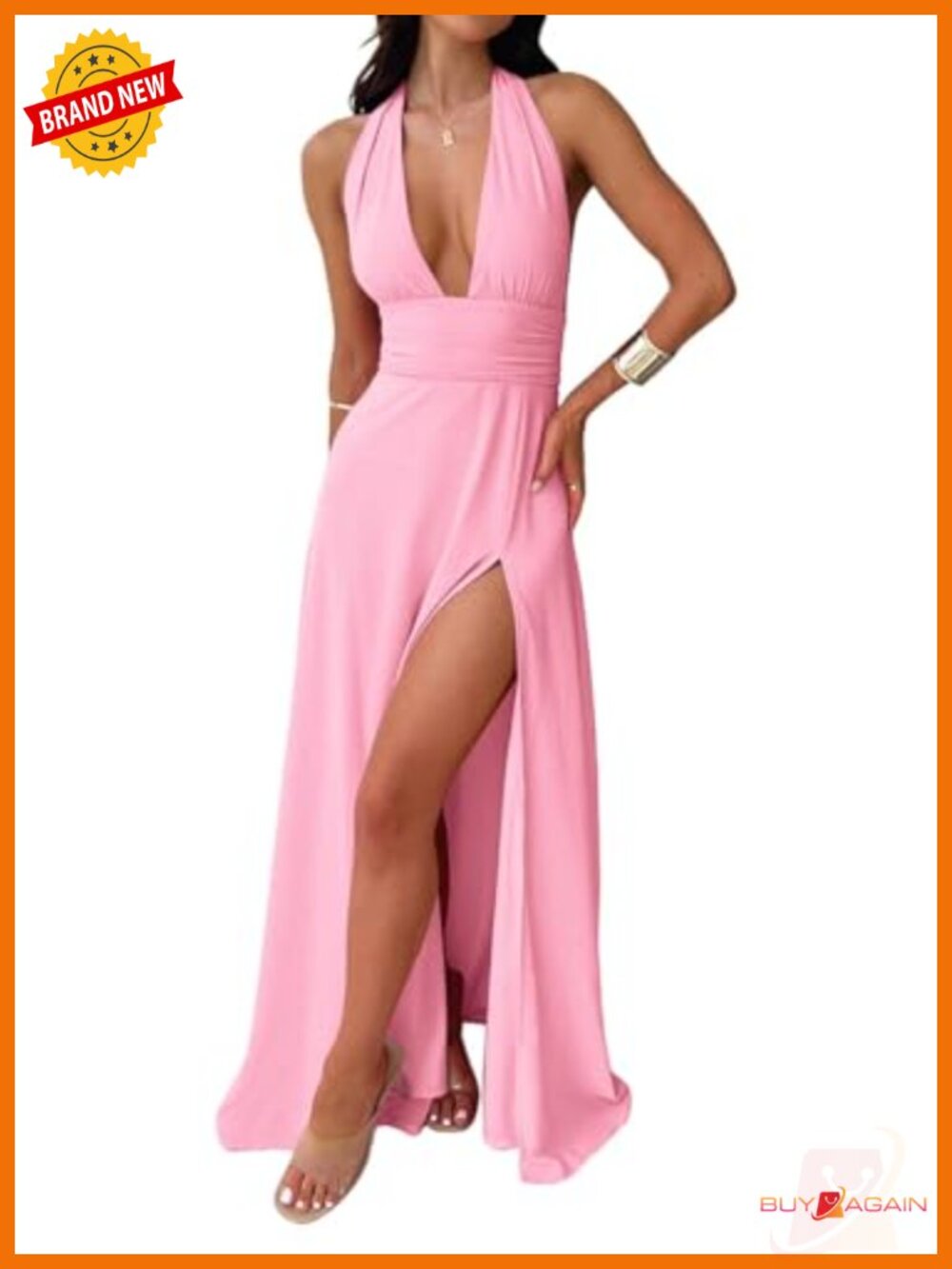 Women's Sleeveless Halter Deep V Maxi Dress High Slit Party